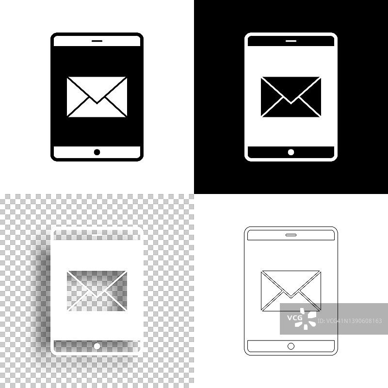 平板电脑与电子邮件信息。图标设计。空白，白色和黑色背景-线图标图片素材