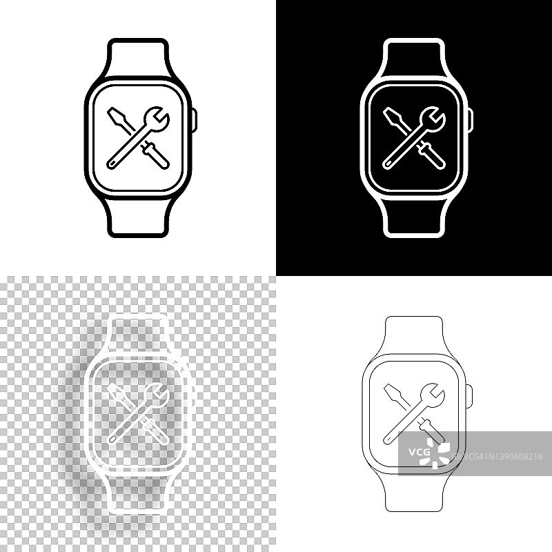 智能手表设置-工具。图标设计。空白，白色和黑色背景-线图标图片素材