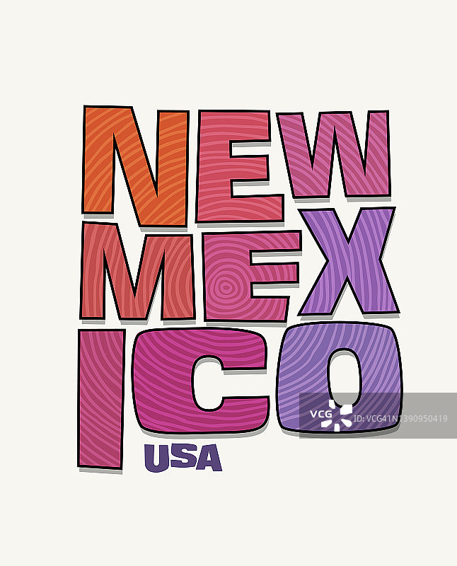 新墨西哥州，名字被扭曲成州的形状。波普艺术风格矢量插图。图片素材