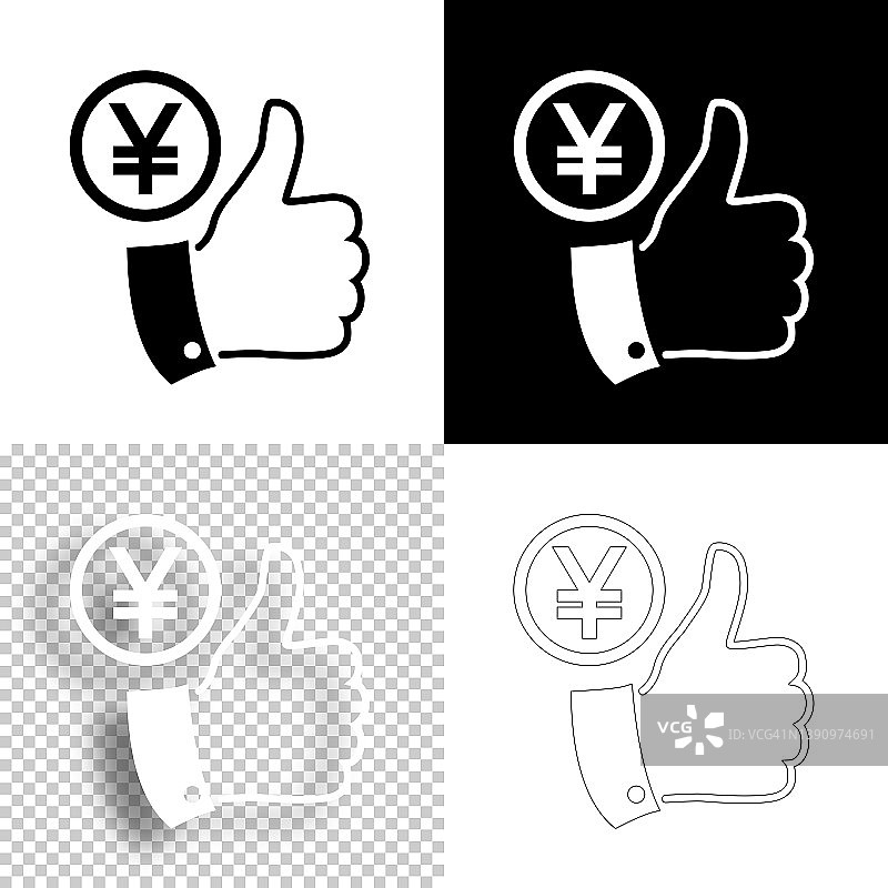 竖起大拇指的日元硬币。图标设计。空白，白色和黑色背景-线图标图片素材