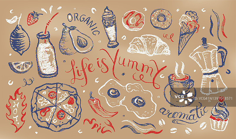 菜单横幅设计+手绘字母报价+食品+饮料插图。粉笔画在纸板上图片素材