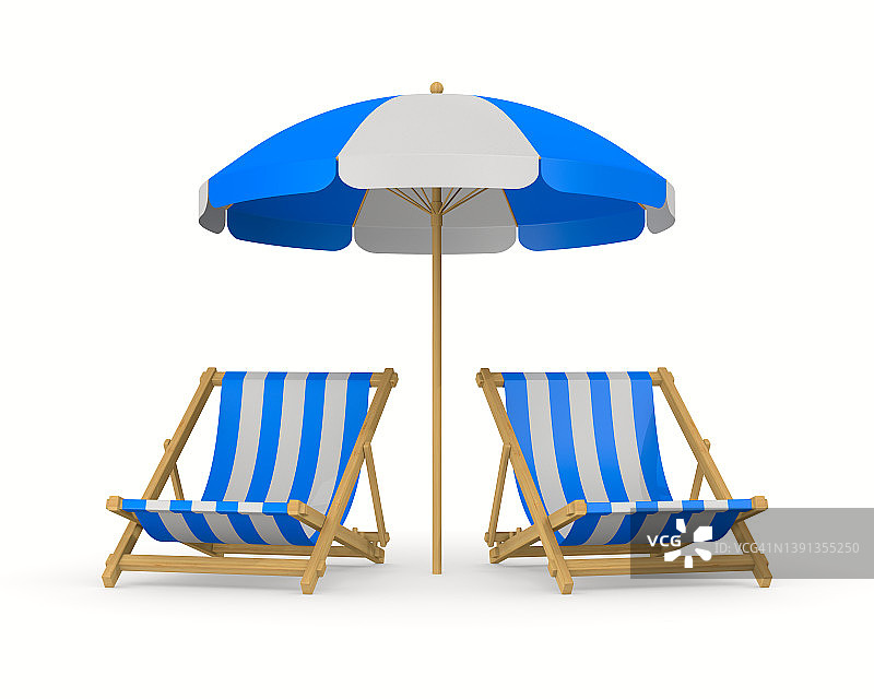 沙滩伞和躺椅在白色的背景。孤立的3 d演示图片素材