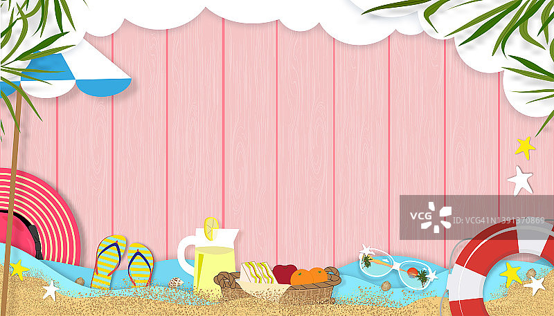 夏季背景与海滩度假度假主题与复制空间在粉红色的木板上，矢量地平线旗帜平铺热带夏季设计与椰子棕榈叶边缘木板纹理图片素材