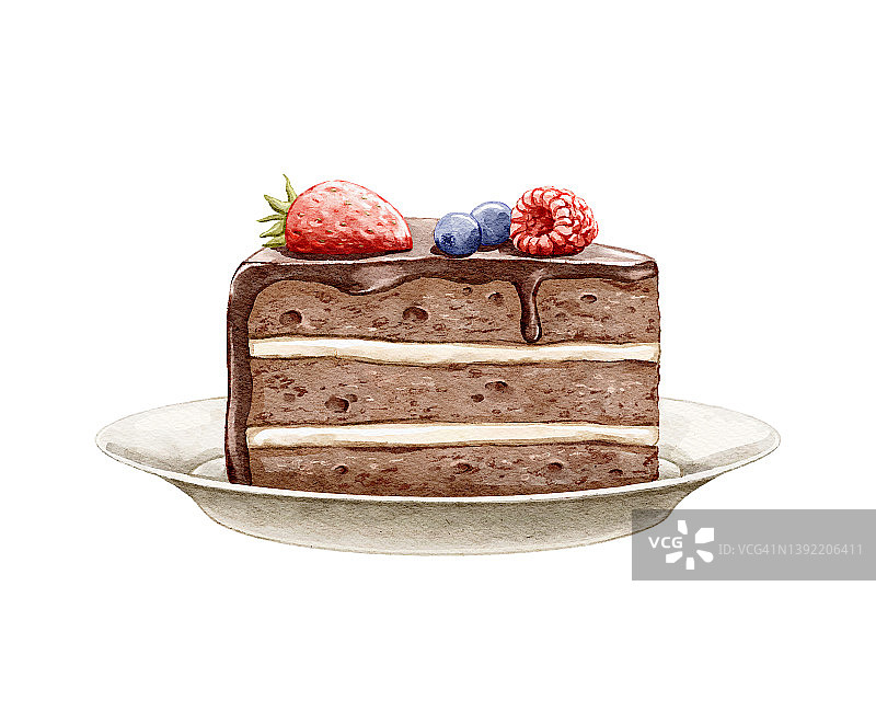 水彩手绘香甜可口的一块巧克力生日蛋糕与浆果图片素材