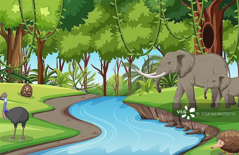 河森林场景与大象卡通风格图片素材