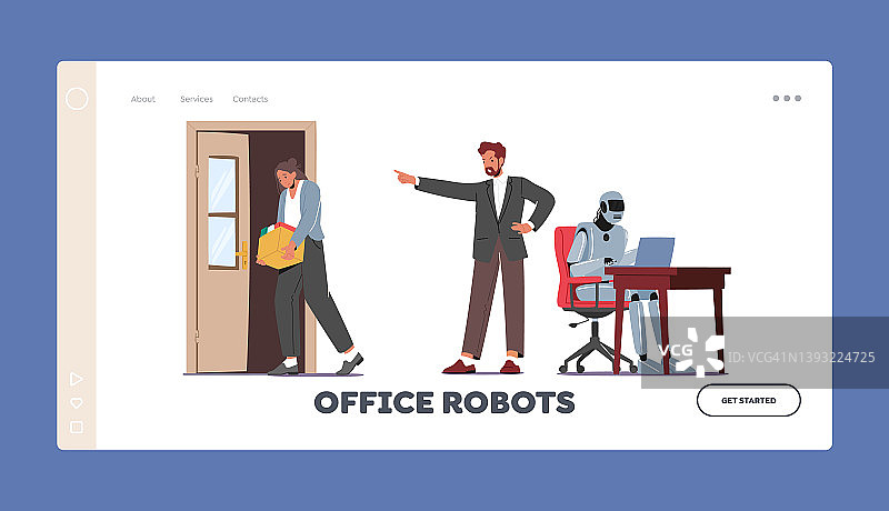 办公室机器人登录页面模板。被解雇的员工带着箱子离开办公室。老板解雇工人图片素材