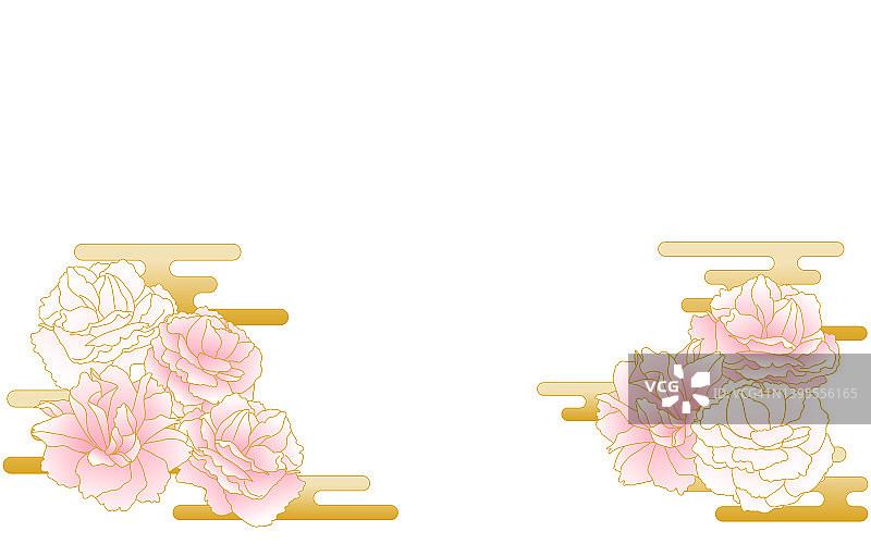 春天的花草，浅粉色梯度双樱花(牡丹樱花)和金色的日本图案(江豚)。图片素材