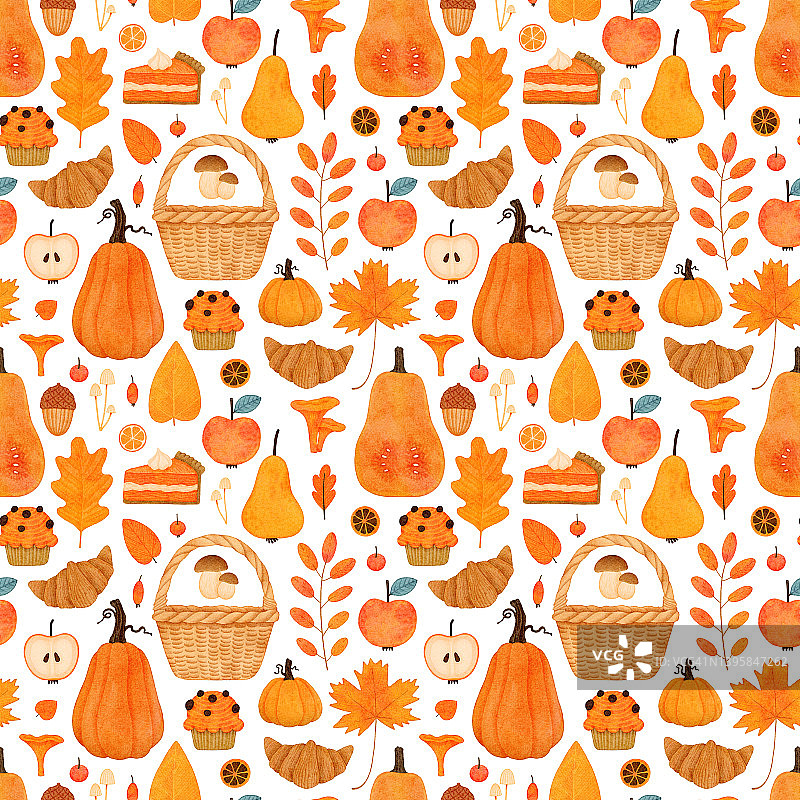 秋季图案有篮子、南瓜、树叶、蘑菇、糖果。橙色秋天的背景可爱舒适的元素。图片素材