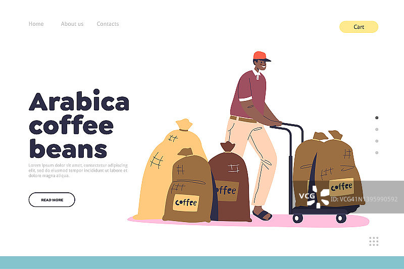 阿拉比卡咖啡豆登陆页面与工人装载帆布袋咖啡的概念图片素材