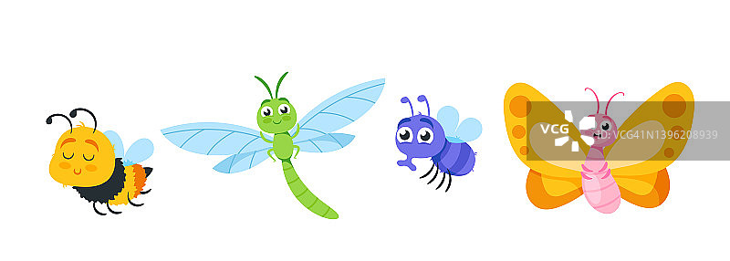 一套可爱的昆虫卡通人物。蝴蝶，蜜蜂，蜻蜓或苍蝇孤立在白色背景。有趣的人物图片素材