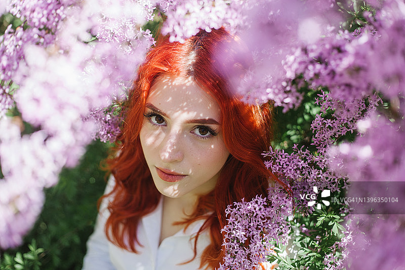 阳光明媚的日子里，穿着白衬衫的红色长卷发的年轻女子坐在春天公园里盛开的紫色丁香花丛中。女性浪漫的肖像。图片素材