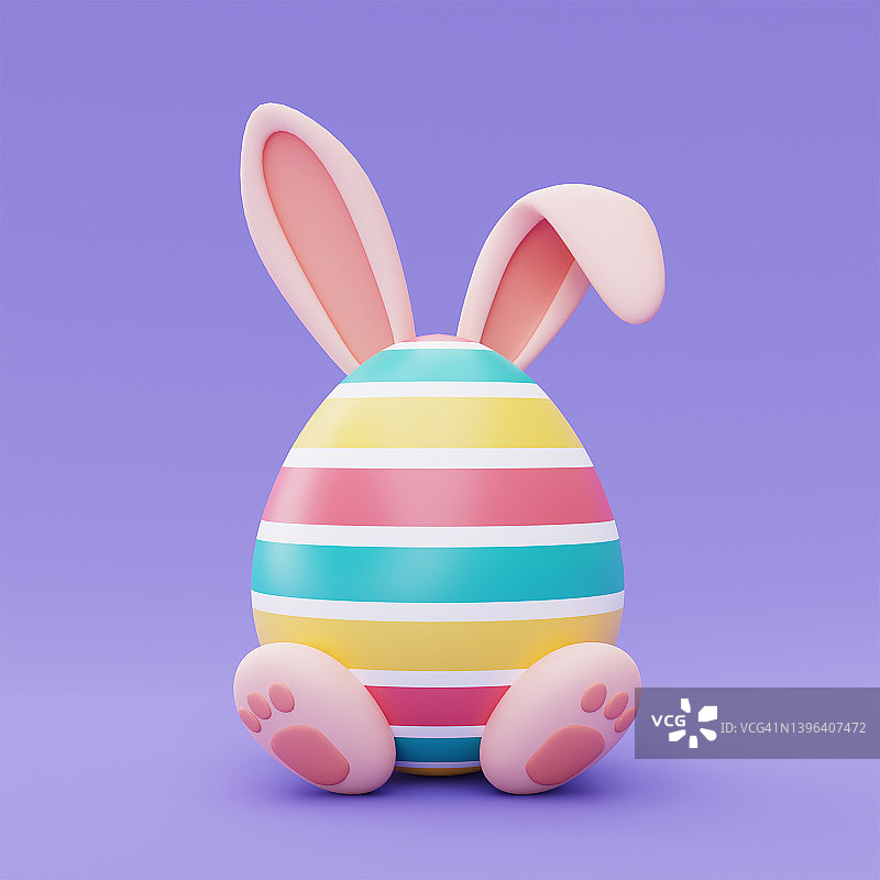 彩色的复活节彩蛋与兔子耳朵上的紫色背景，快乐的复活节节日概念。最小的风格,3 d渲染。图片素材