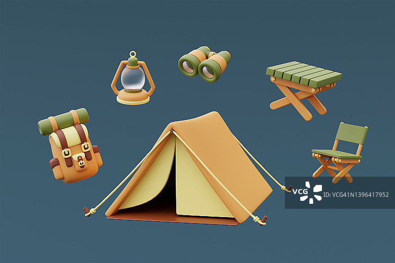 一套露营装备，有旅游帐篷，背包，灯笼，木制桌子，双筒望远镜，蓝色背景，假日度假概念。最小的风格。3 d渲染。图片素材