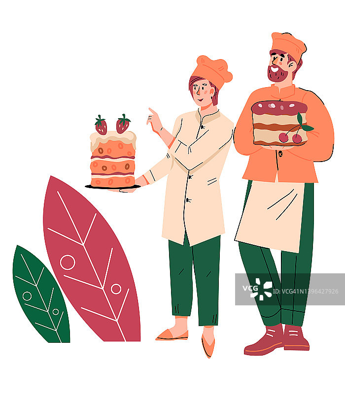 糕点师或糕点师用喜庆的婚礼蛋糕，矢量隔离。图片素材