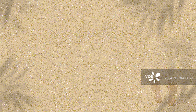 沙滩纹理背景与棕榈叶阴影和脚印的人的脚，矢量插图背景褐色沙滩沙丘赤脚为夏季旗帜的背景。图片素材