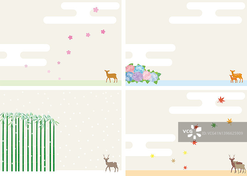 日本四季、春、夏、秋、冬与鹿景观插图图片素材