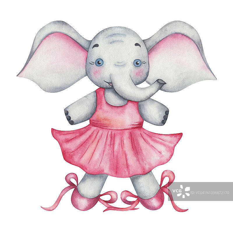 手绘水彩插图灰色大象女孩在舞蹈工作室粉红色的裙子和芭蕾舞鞋与花边。卡通动物的性格图片素材