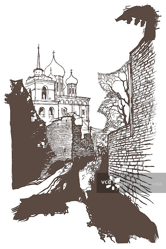 普斯科夫的古砖墙和克林姆林宫的三位一体大教堂的钟楼。矢量描墨水和钢笔素描图片素材