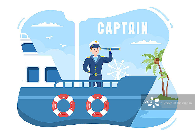 男人巡航船船长卡通插图水手制服骑船，看双筒望远镜或站在港口在平面设计图片素材