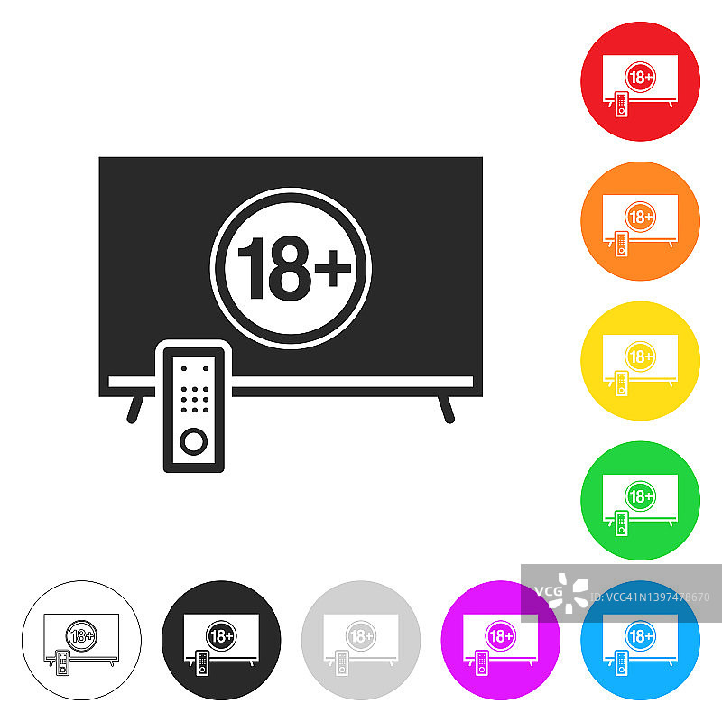 电视与18+符号(18+)。彩色按钮上的图标图片素材
