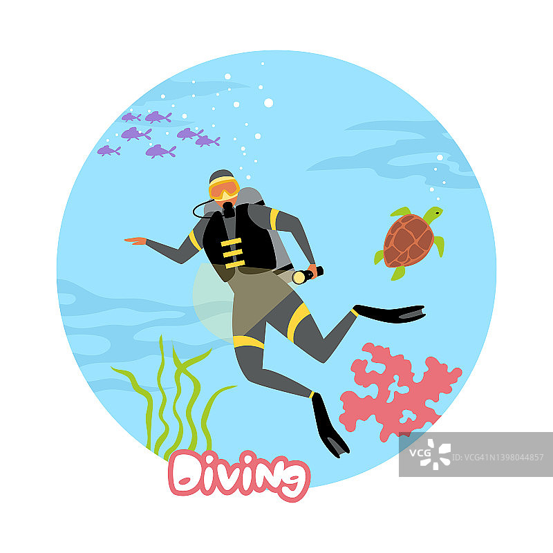 潜水。一个穿着潜水服的人带着氧气瓶在海底游泳。海龟，鱼，海藻，泡泡。活跃的水上运动。矢量平面插图。图片素材