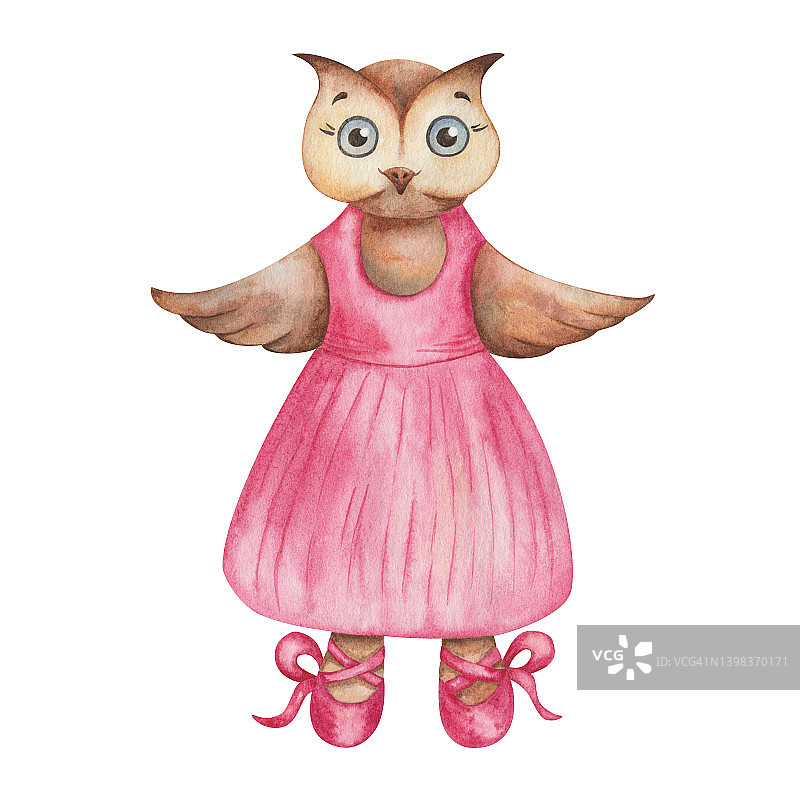 手绘猫头鹰鸟女孩的水彩插图在舞蹈工作室粉红色的裙子和芭蕾舞鞋与鞋带。卡通动物的性格图片素材
