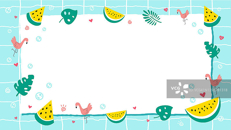夏天的背景与框架装饰黄色西瓜，热带植物，火烈鸟，蓝色游泳池心脏平面矢量插图。夏季主题网站的背景设计图片素材