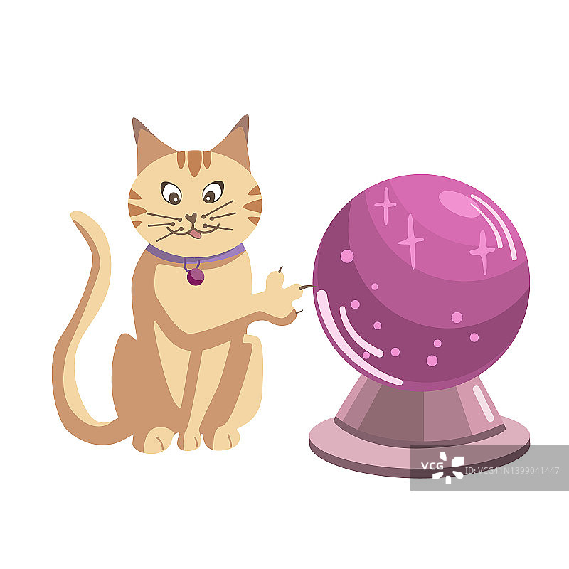 矢量猫抓魔法水晶球。女巫的猫的插图。图片素材