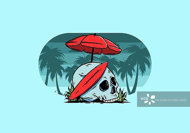 沙滩伞下的冲浪板和头骨的插图图片素材