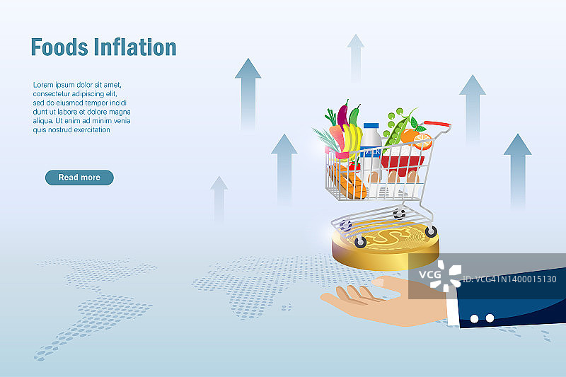 食品通胀、CPI消费价格指数、经济指标规模概念。商人手持购物车推车以上升图表反映生活成本。食品价格上涨图片素材