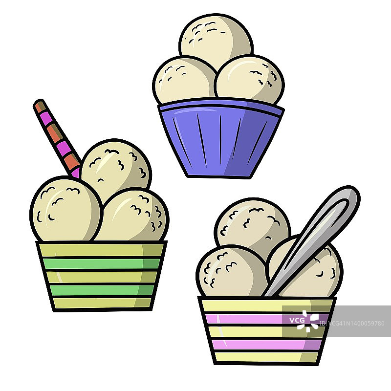 一套甜冷甜点，香草冰淇淋在条纹玻璃与糖管卡通矢量插图图片素材