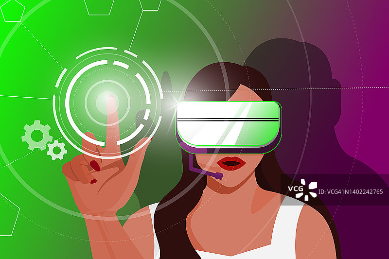 Metaverse插画概念是一名女性戴着虚拟现实眼镜，触摸空中的虚拟屏幕，通过连接网络享受虚拟世界。图片素材