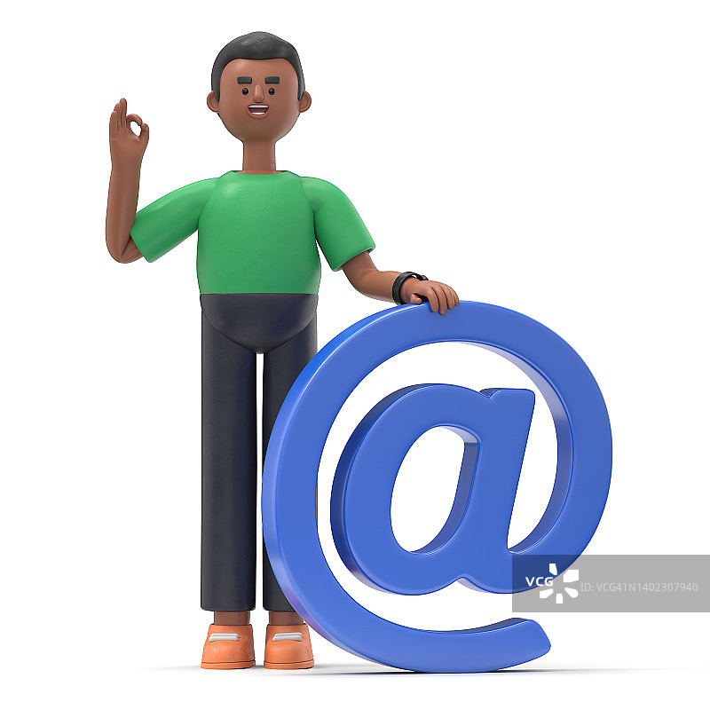 3D插图微笑的非洲裔美国人大卫站在一个电子邮件符号。业务和联系概念。白底3D渲染。图片素材