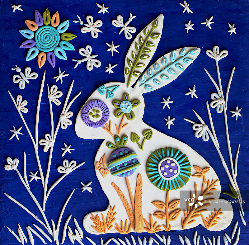 可爱的手工兔兔动物装饰孩子气的风格。图片素材