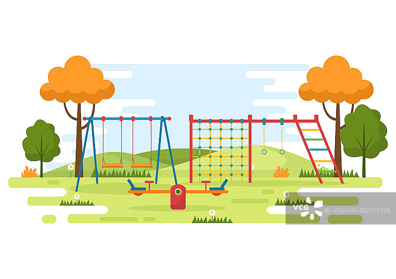 儿童游乐场与秋千，滑梯，爬梯和更多的游乐场为孩子们玩在平面卡通插图图片素材