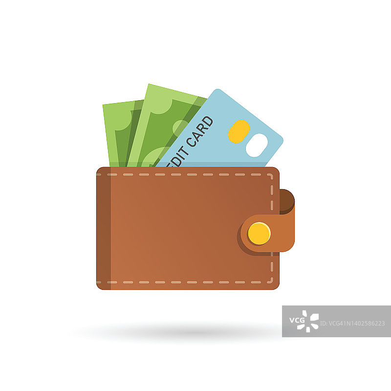 钱包与金钱图标在平坦的风格。在线支付矢量插图孤立的背景。现金和钱包标志的经营理念。图片素材
