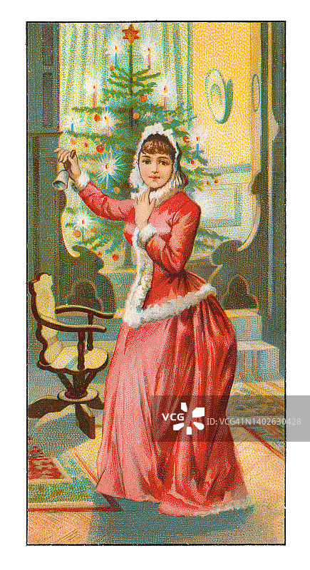 年轻女子在圣诞树摇铃新艺术插图图片素材