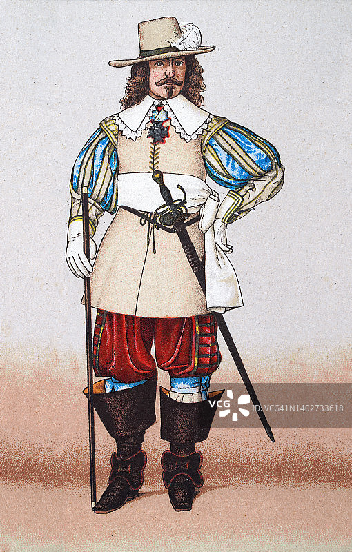 法国士兵，军官，剑，火枪靴，17世纪的军事服装，历史图片素材