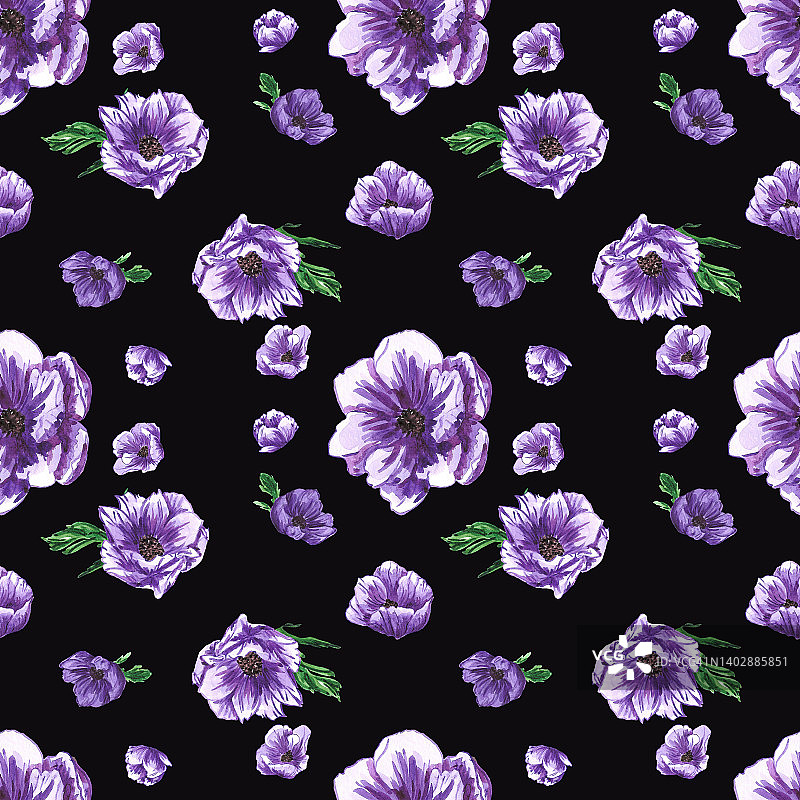 手绘海葵无缝图案。水彩紫色花朵与绿叶在黑色的背景。剪贴簿设计，印刷海报，标签，横幅，纺织品。图片素材