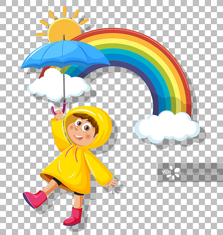 一个男孩穿着黄色雨衣，伞格背景图片素材