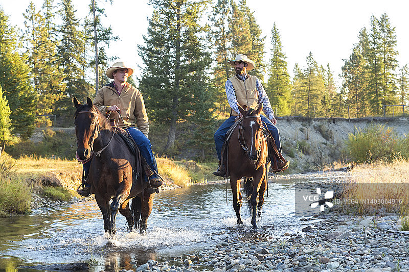 牛仔和马走过河，不列颠哥伦比亚，加拿大图片素材