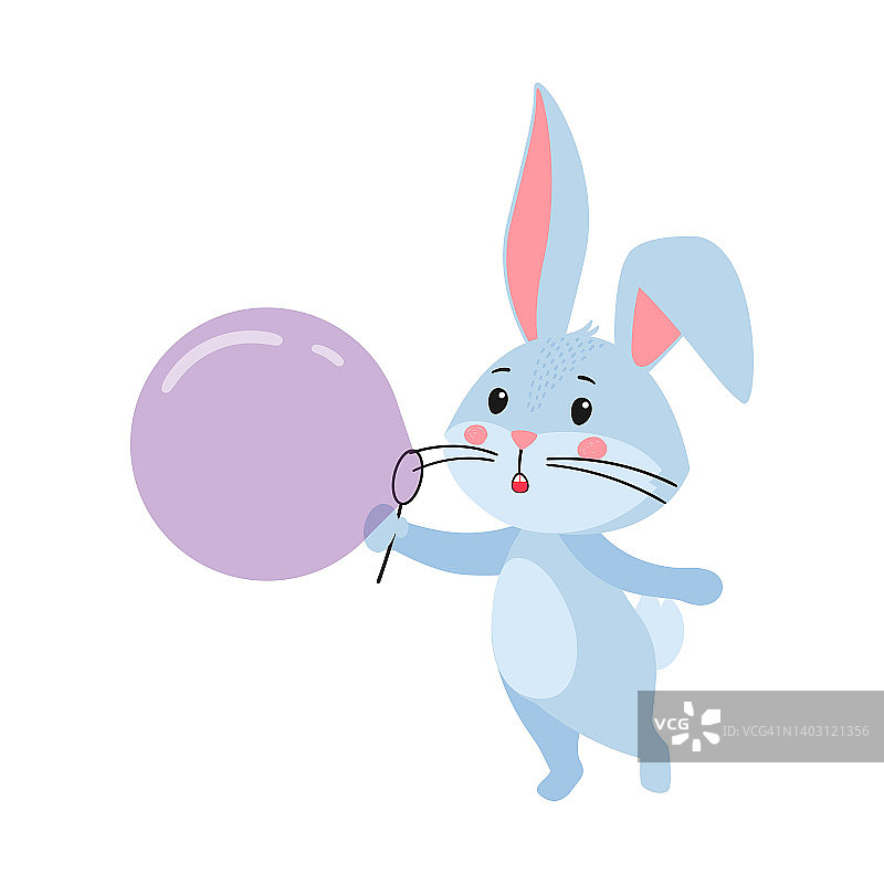可爱的卡通兔子或野兔。兔子吹肥皂泡。印在儿童t恤，贺卡，海报上。手绘矢量插图孤立在白色背景上图片素材