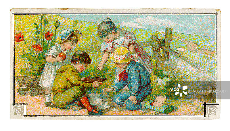 一群孩子在户外玩吃巧克力，新艺术插画1899年图片素材
