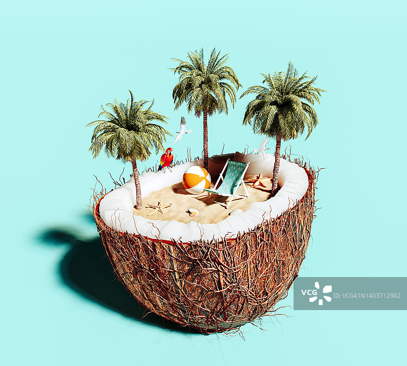 夏天概念背景。一半的椰子配沙滩椅和棕榈树图片素材