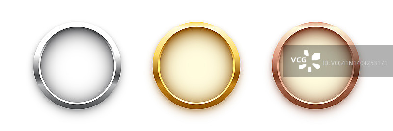 奖金，银和铜空白奖牌3d现实插图。第一名、第二名和第三名的奖牌或按钮孤立在白色背景上。认证。质量空白，空徽章，徽章套。图片素材