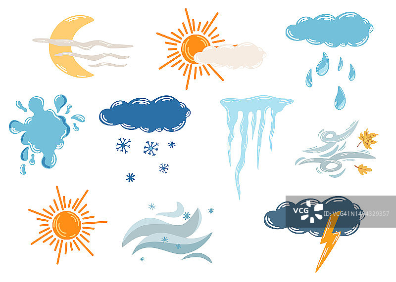 天气。可爱的手绘太阳和云，雨或雪，闪电，月亮，雷雨，风暴和风。天气预报符号。气象信息图的迹象。矢量图图片素材