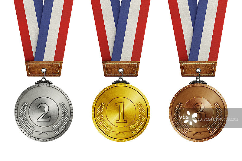 金牌、银牌和铜牌上有白色的缎带图片素材
