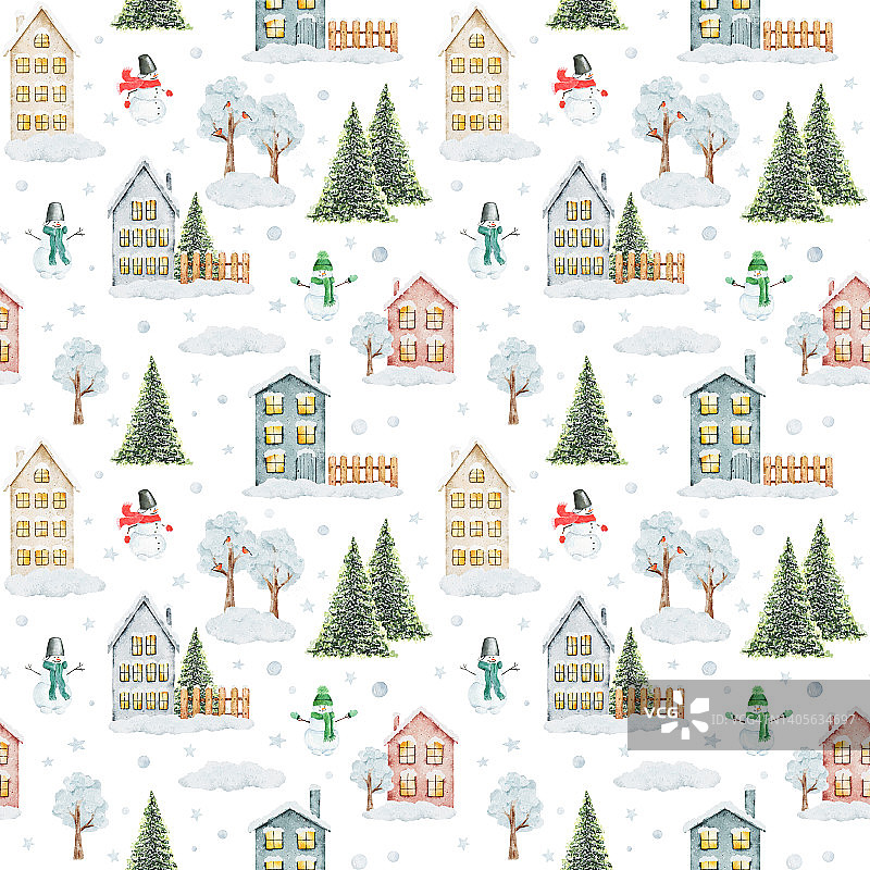 水彩圣诞图案与冬季的房子，树，雪人和其他圣诞元素孤立在白色背景。图片素材