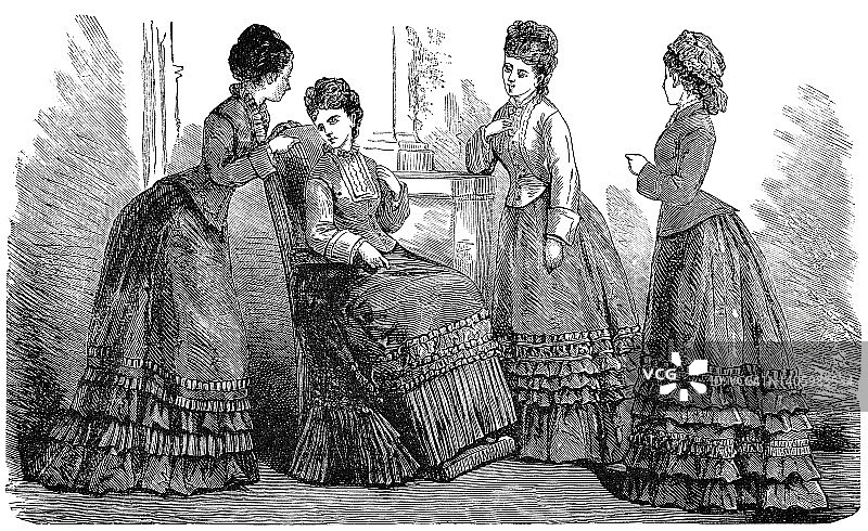 1875年时装，由4位年轻女士赠送的新长裙图片素材