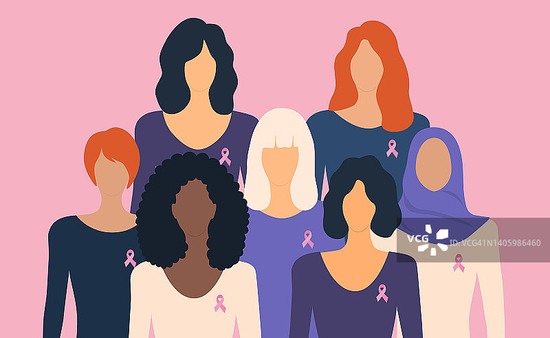 乳腺癌意识和支持概念。不同国籍的女性带着粉色丝带站在一起。图片素材